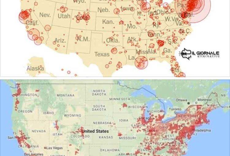 Antenne 5G e focolai di coronavirus si sovrappongono nella mappa del territorio nord americano