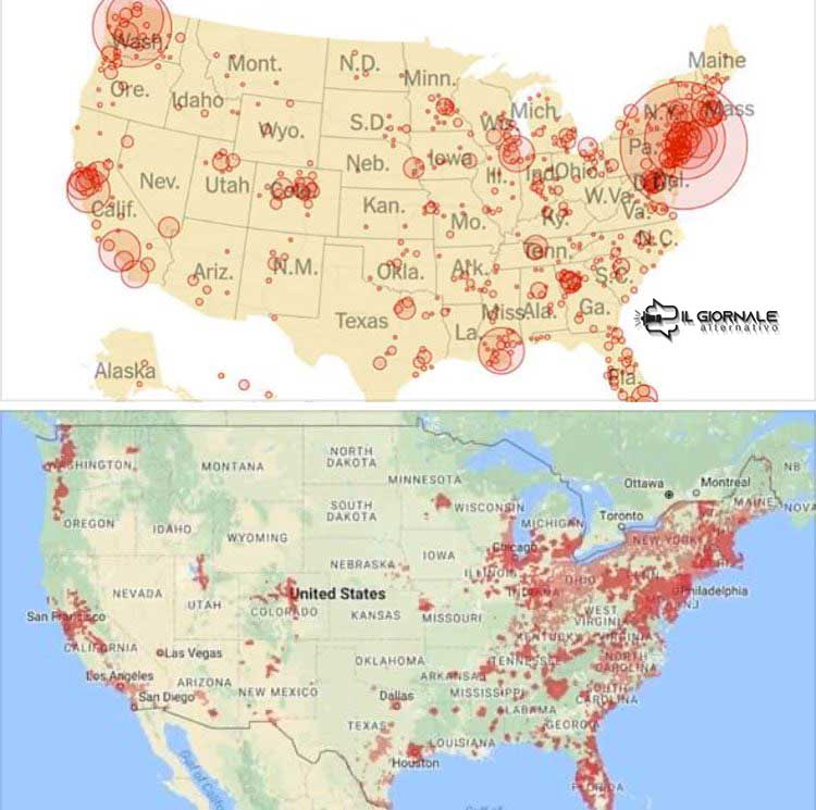 Antenne 5G e focolai di coronavirus si sovrappongono nella mappa del territorio nord americano