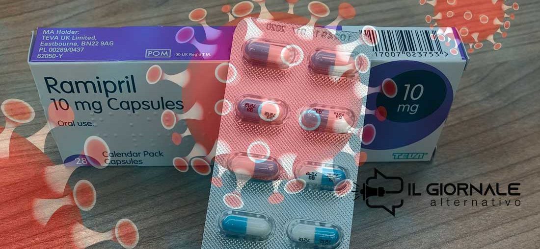 Una scatola di Ramipril e in sottofondo il coronavirus